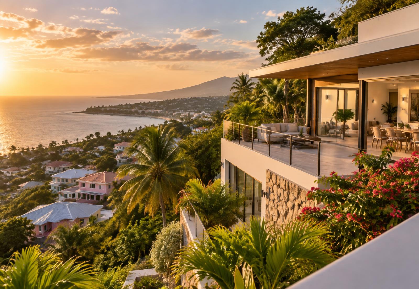 Hillside home overlooking the Haitian coast at sunset